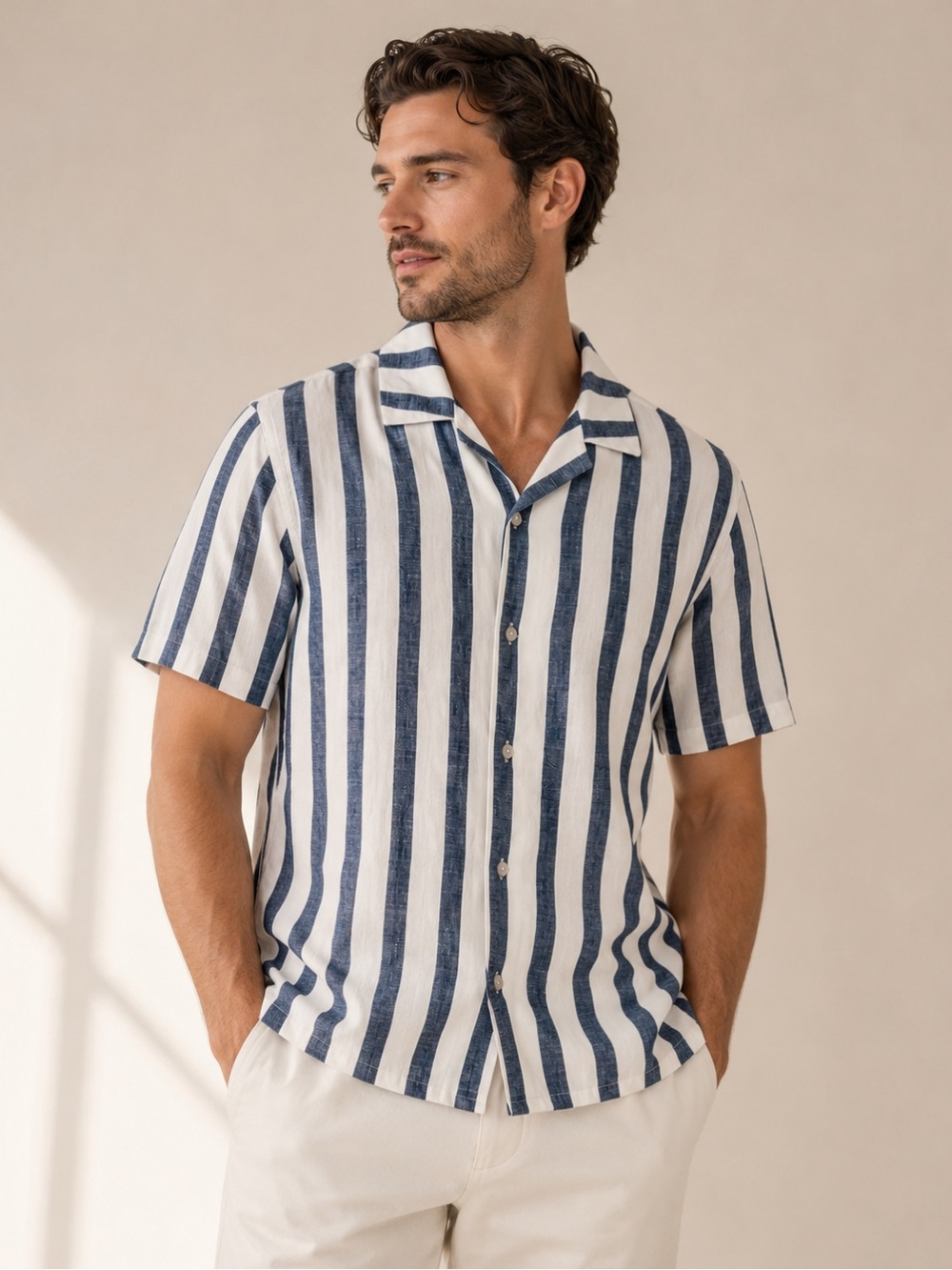 Houston White Striped Short Sleeve Button-Up Blue & White M Vacation Resortwear